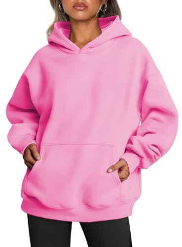Famulily Ladies Long Sleeve Oversized Hoodie Trendy Solid Color Crew Neck Vintage Pullover Sweatshirts Hot Pink M