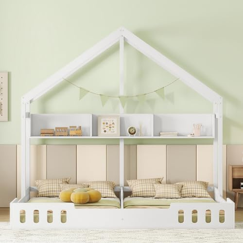Harper & Bright Designs Twin Double Floor Bed Frame with Bookshelf Headboard Wood House Platform Bed with Storage for Saving Space, Creamy White