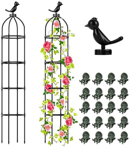 Hysagtek 2 Stück Rankhilfe Garten, 145cm Obelisk Rankhilfe Kunststoffe, Abnehmbar Rosen Rankhilfe mit Vögelchen Dekoration & 20 Stück Pflanzenklammer, Pflanzen Rankhilfe für Blumen, Tomaten