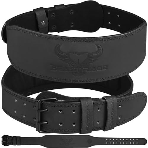 BEAST RAGE Tyngdlyftningsbälte i läder för tung användning Gym Bodybuilding Träning Tyngdlyftningsbälte Justerbara hål 4” Vadderat ryggstöd för ländryggen (RO6, S)
