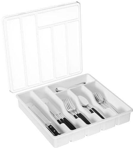Lifewit Portaposate con Coperchio, Contenitore Porta Posate da Cassetto per Cucina, Organizer in Plastica per Cassetto per Cucchiai, Forchette, Coltelli, 6 Scomparti, Bianco