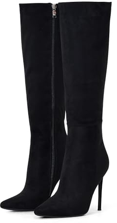 Zhabtuc Botas hasta la rodilla de 10 cm para mujer, botas de tacón de aguja anchas con punta puntiaguda, cuero de gamuza cómodo y sexy, ante negro, 39 EU