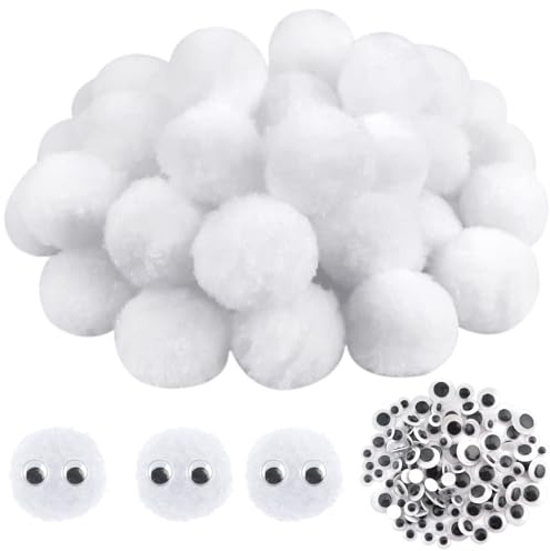 TOAOB 50 Piezas Pompones Grandes y Esponjosos de 4 cm Bolas de Fieltro Blanco con 100 Ojos Móviles Negros Para Decoraciones Manualidades Creativas y Decoraciones Bricolaje