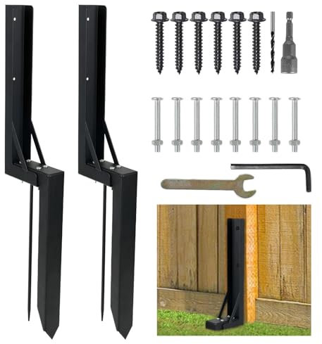 Caossuixin Duty Fence Post Repair(2 pcs), Steel Fence Repair Stakes, Fence Post Spikes Set with Nails & Wrench, Fence Post Support Stake for Repairing Damaged Gate, Sign or Mailbox