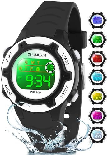 GUUMUXIN Digitale Kinderuhr, Kinder Sportuhr mit 7 Farbigem Indikatorlicht, Acryl-Uhrenscreen, 3 ATM Wasserdicht, Band Armbanduhr für Mädchen Jungen 6-16 Jahre