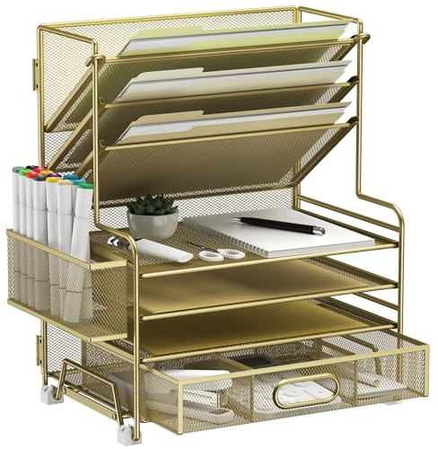 MINDEPOT Organizer per carta a 4 livelli + 3 tasche portadocumenti + cassetto + portapenne, organizer per documenti da scrivania per forniture per ufficio, scuola, organizzazione in classe (oro, con