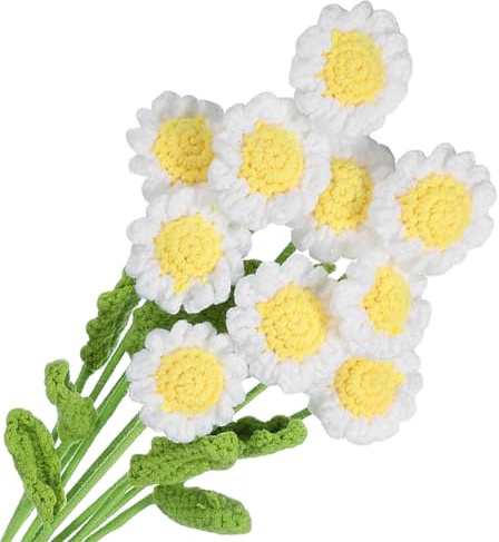 QUARKZMAN virkade blommor handgjorda stickade margeriter konstgjorda vävda små krukväxter med stjälkar för alla hjärtans dag presenter hem bröllop fest kontor bordsdekoration, vit mängd 10