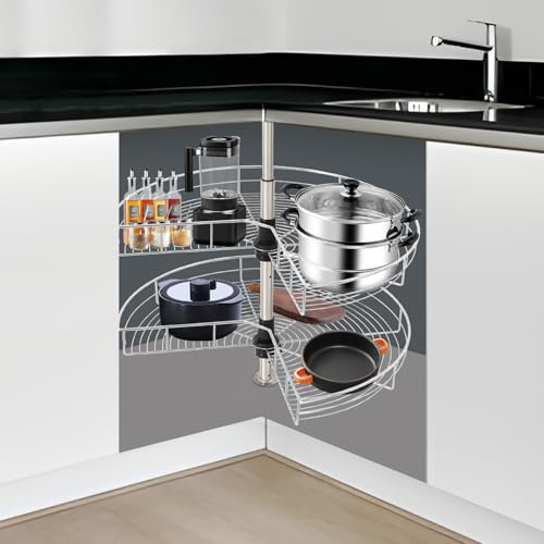 Wiyuer Kücheneckschrank Drehkorb 270° Drehboden Küchenschrank Höhenverstellbares Küchenschrank Zubehör Eisen doppellagige Korb Küchen Organizer Silber