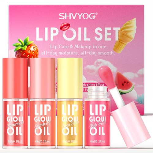 4PCS Lip Oils Set Lip gloss Fruit-Flavored Lip Care Kit, Gifts for Dry And Chapped Lips Nourishing Tinted Lip Oil For A High-Shine Finish, Non-Sticky Formula