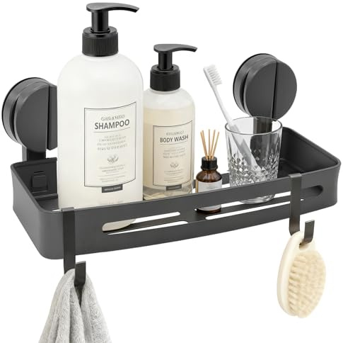Flying Pottery Mensola Doccia Senza Foratura, Porta Sapone per Doccia a Ventosa, Mensola Doccia con 2 Ganci, per Shampoo Sapone Bagnoschiuma Porta Oggetti da Bagno (Grigio)