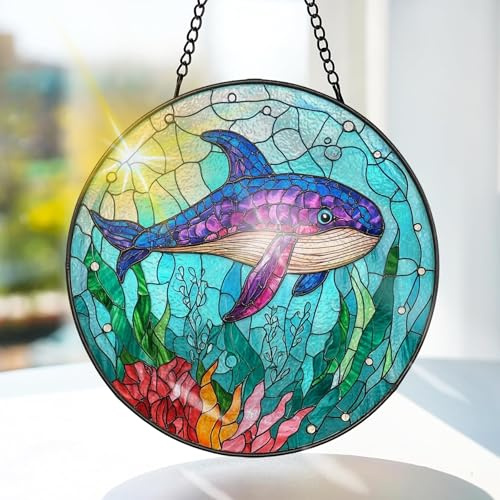 Bimkole HajFönsterhänge I Målat Glas Med Solfångare -Havet Hängande Fönsterdekoration - för Trädgård, Fönster och Dörr, Jul, Handgjord Suncatcher Dekor 20x20 cm