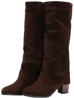 Stivali Donna Invernali Alti a Punta Gambale con a Blocco Stivaletti Donna Gamba Larga in Pelle con Risvolto Eleganti Boots Stivali Alti Comfort Antiscivolo stivaletto per Autunno Inverno