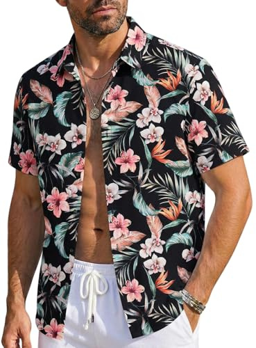 Runcati Hawaii-skjorta för män, kortärmad, sommar, fritidsskjorta, män, button down, semester, strandskjorta, blommor, party, funky skjorta, normal passform, ledig skjorta