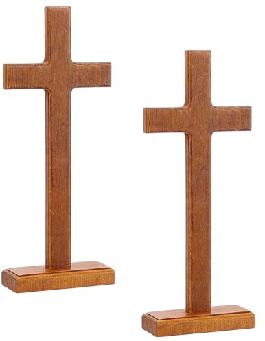 NBEADS Juego de 2 figuras de cruz de madera de 3,55 x 9 x 22,4 cm, adornos con base para el hogar, iglesia y oficina, decoración de múltiples utilería de simulación, color marrón