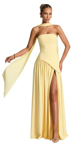 Vestido de dama de honor sin tirantes con cintura caída para mujer, con bufanda larga, fruncido, formal, vestido de invitada de boda, vestido de noche con abertura