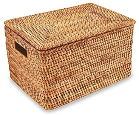 FIYAMMY Rattan Basket With Lid, Large Lidded Basket For Storage(15.3 L×11.4W×9.5H)