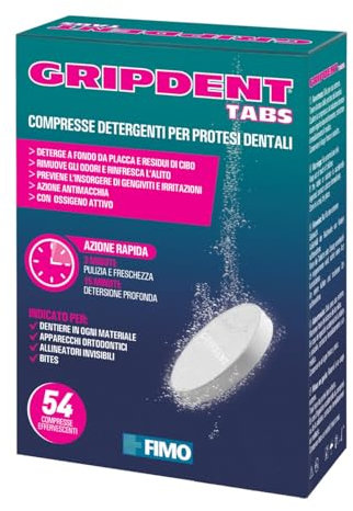 Gripdent Tabs 54 - Compresse disinfettanti - Disinfetta e sbianca dentiere, bites, paradenti, apparecchi ortodontici e dispositivi per l'apnea notturna
