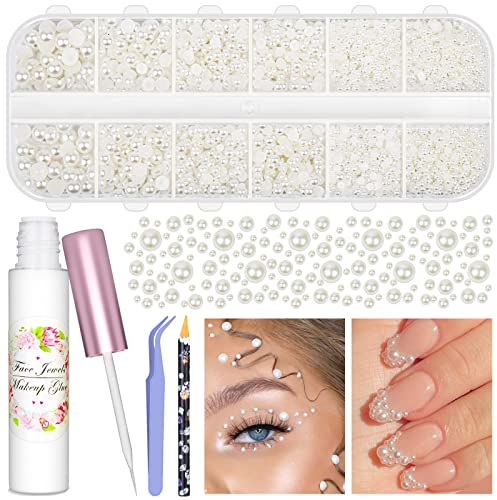3600Pcs Face Gems Eye Pearls with SFX Makeup Glue Spirit Adhesive for Costume, Shynek Half Pearls Hair Rhinestone Beads Face Adhesive Makeup Flatback Gems for Nail Jewels Cosplay