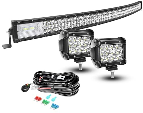 AUXTINGS 132 cm böjd LED-ljusstång punkt flödande stråle +5 x 10 cm 36 W spot LED-pods dimljus med 12 V ledningssele kit 2 ledningar för Jeep pickup off-road lastbil 4 x 4 ATV båttrailer, vattentät