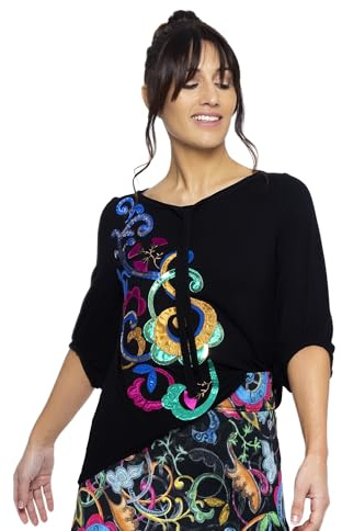 Mamatayoe Renata Blusa Fluida para Mujer Color Negro, Viscosa con Bordado de Lentejuelas Delantero