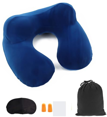 Constefire Cuscino da Viaggio Gonfiabile a 2 Supporti,Cuscino per il Collo Ergonomico con Tappi per le Orecchie e Maschera per gli Occhi Ideale per viaggiare in aereo,auto e treno (blu)