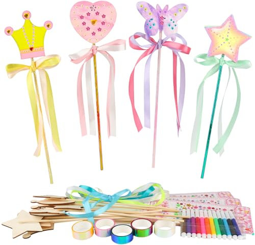 ZEFAN DIY Zauberstab Set, 14 Stück Hölzerne Zauberstab mit 3 Aufkleber, 5 Rollen Klebeband, 12 Farben Aquarellstifte, 14 Bänder, Zauberstab Glitzer für DIY Basteln, Kindergeburtstag Geschenke