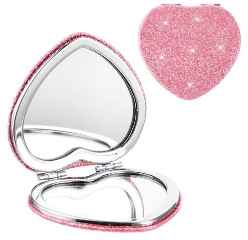 Mabor Rosa Taschenspiegel mit Vergrößerung，Mini Spiegel Kosmetikspiegel in Herzform Spiegel Klein Herzspiegel Rosa Schminkspiegel Tragbarer Kompaktspiegel mit Vergrößerung für Frauen Damen
