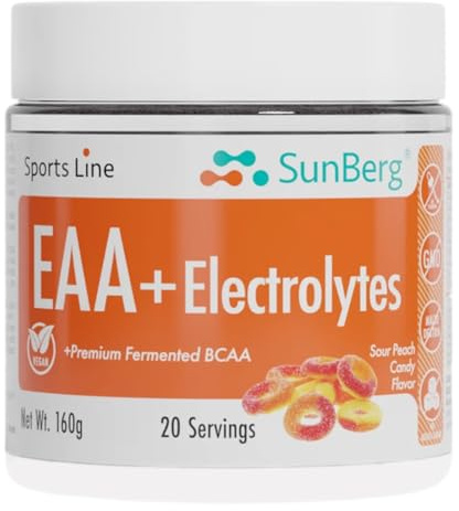 Sunberg EAA + Electrolytes Powder Supplement - 160g Essential Amino Acids BCAAs Post Workout Muscle Recovery Leucine Drink - Sour Peach Candy Flavour 20 Servings