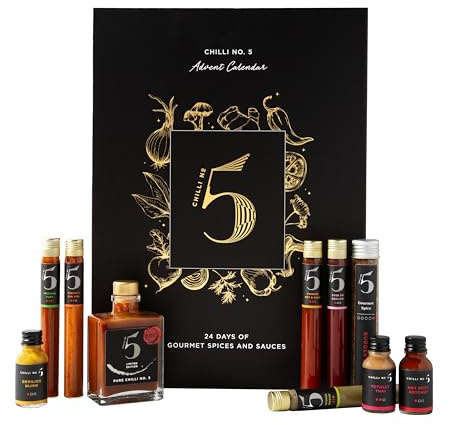 Chilli No. 5 | Calendario de Adviento, selección de productos gourmet de chile n.º 5 en elegante caja de regalo temática navideña, selección de salsa picante, caja de regalo de chile