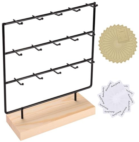 Black 3-Tier 15-Hook Wood Jewelry Organizer Rack for Earrings, Necklaces, Rings, Bracelets, Keychains - Compact for Countertop, Boutique, Trade Shows