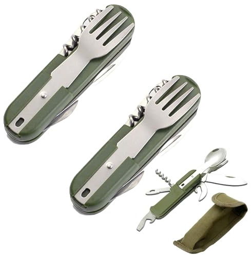 Snowtain Lot de 2 couverts de camping en acier inoxydable avec sac de ceinture, couverts pliants en acier inoxydable, couverts de survie en plein air, randonnée, pique-nique et voyage.