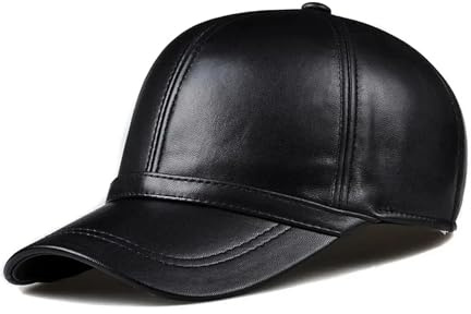 WENH Berretto da baseball in vera pelle da uomo Cappelli invernali casual in vera pelle di pecora Cappellini in pelle nera da uomo regolabili