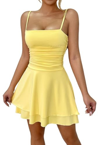Belriviere Women Sexy Spaghetti Strap Tank Dress Basic Casual Backless A-line Club Party Mini Skater Dress