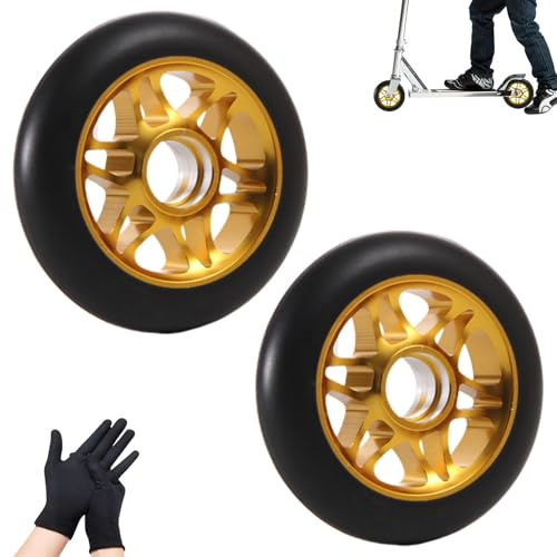 2 ruedas de repuesto para patinete de 100 mm, ruedas de repuesto 88 A con rodamientos ABEC-9, llantas de aleación de aluminio, accesorios compatibles con la mayoría de scooters de acrobacias (dorado)