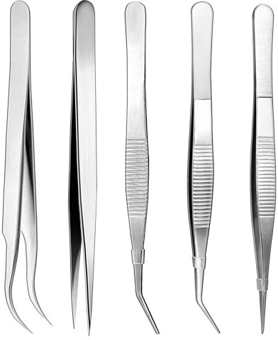 5 PzPinzette di Precisione, Pinzette in Acciaio Inox Multiuso, Pinzetta Sopracciglia Professionale, Pinza in Acciaio Inox, Pinzette Punta Rotonde e Curva per Artigianali Cucina Modello (5 Lunghezze)
