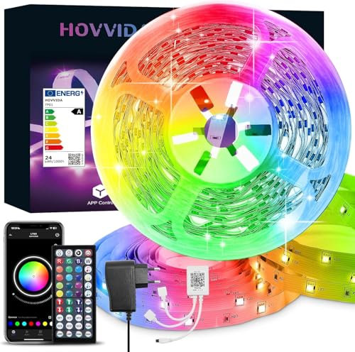 HOVVIDA Bande LED RVB 15 m, 1 rouleau, 30 LED/mètre, 450 LED, 24 V, application et télécommande, mode musique, mode minuterie, LED pour chambre, salon, cuisine, chambre à coucher, bar, fête