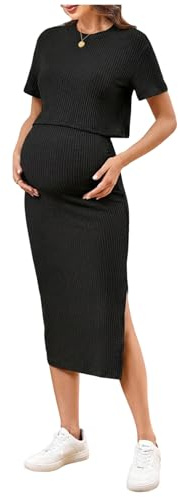GORGLITTER Women's Maternity Co Ord Sets Rib Knit Short Sleeve Crewneck Top Split Midi Skirt 2 Piece Lounge Wear Black X-Small