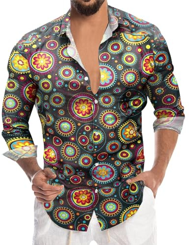Camicia colorata da uomo a maniche lunghe, hippies anni '70, floreale, arcobaleno, stile hawaiano, per il tempo libero, per feste, street, Paisley, vintage, alla moda