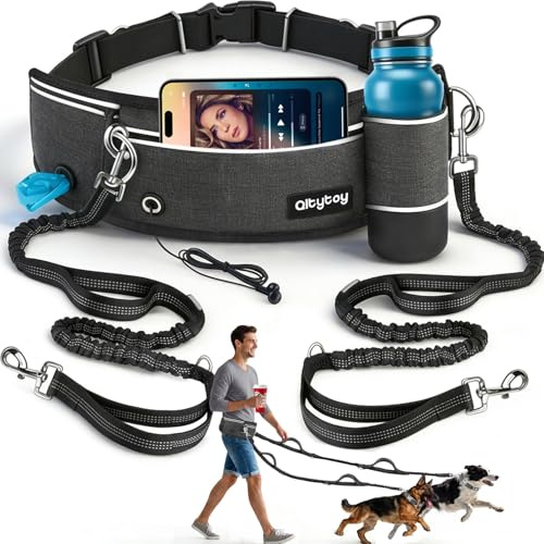Qltytoy Hands Free Double Dog Leash for Two Dogs,240LB Heavy Duty Retractable with Partitioned Pouch Adjustable Waist for Walking Running Jogging Hiking Biking Training for Medium/Large(Not for＜25LBS)