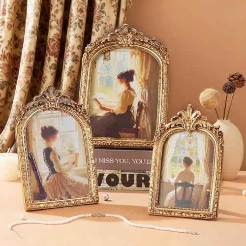 3 Pack Vintage Resin Picture Frames, 6/7/8 Inch Gold Arched Frames with Carved Design, Baroque Ornate Resin Photo Frames for Home Decor, Photo Display & Wedding