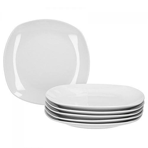 Van Well – Juego de 6 platos llanos Lilli, 250 x 250 mm, menú Plato Grande, plato para servir (Porcelana, edles Marca, brillante, diseño clásico, color blanco cuadrado