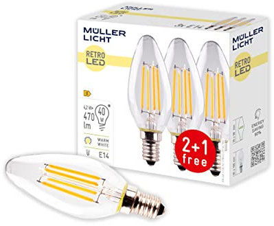 Müller-Licht 3er-Set Retro-LED Kerzenform Ersetzt 40 W, Glas, E14, 4 W, Klar, 3.5 x 3.5 x 10 cm, 3 Einheiten, 400291_Set