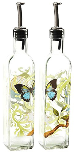 CEDAR HOME Olive Oil Bottle Set Glass Dispenser Vinegar Cruet 17oz. with Stainless Steel Leak Proof Pourer Spout for Cooking or Salad