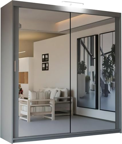 SLIDING WARDROBE 4U Mirror Sliding 2 or 3 Door Wardrobe with LED Light 90cm/120cm/150cm/180cm/203cm/250cm White-Black-Grey-Walnut-Wenge-Oak (Grey, 203cm)