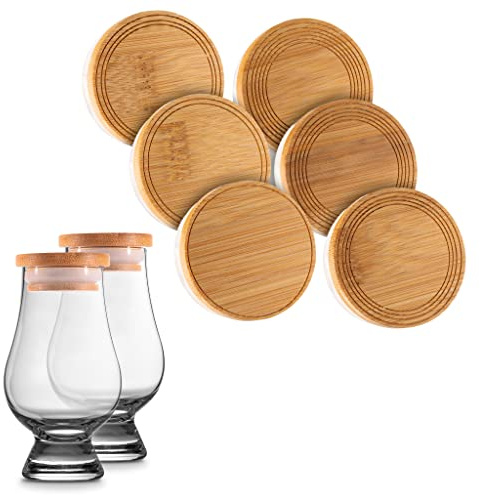 CairnCaps Bamboo Whiskey Glass Lids - Set of 6 Caps for Whisky Tasting Glassware by Cairn Craft