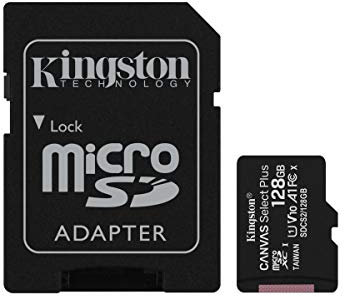 Kingston Tarjeta de Memoria microSDHC de 128 GB Canvas Select Plus de 100 MB/s de Lectura A1 Clase 10 UHS-I + Adaptador con Embalaje sin frustración (SDCS2/128 GBET)