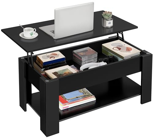 Yaheetech Tavolino da Caffè sollevabile Tavolo Moderno Elevabile da Salotto Divano Caffè con Ripiano Inferiore 98 x 50 x 42-56 cm Nero