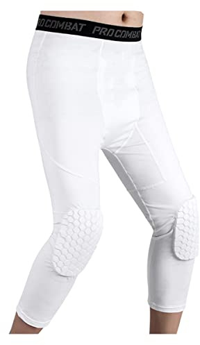Basketball Pants with Knee Pads 3/4 Compression Leggings Capri Tights White XL