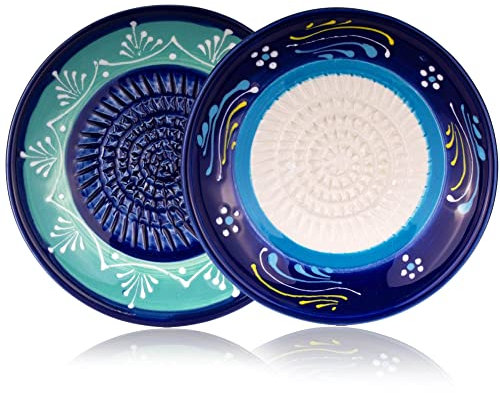 GLORIFY HOME Reibe Teller Keramikreibe Doppelpack Tortosa für Knoblauch Ingwer Apfel Parmesan Schokolade Rohkost und mehr, mit Reibeteller in 2 Designs