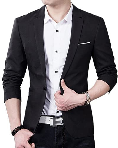 SpirWoRchlan Men's Casual Suit Blazer Jackets Lightweight Sports Coats One Button Slim Fit Formal Suit Solid Jacket Black XS